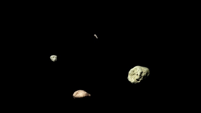 四颗小行星在轨道上和围绕它们的轴旋转，在黑色的背景上被隔离。一组4个旋转，飞行的小行星。空间模式。4