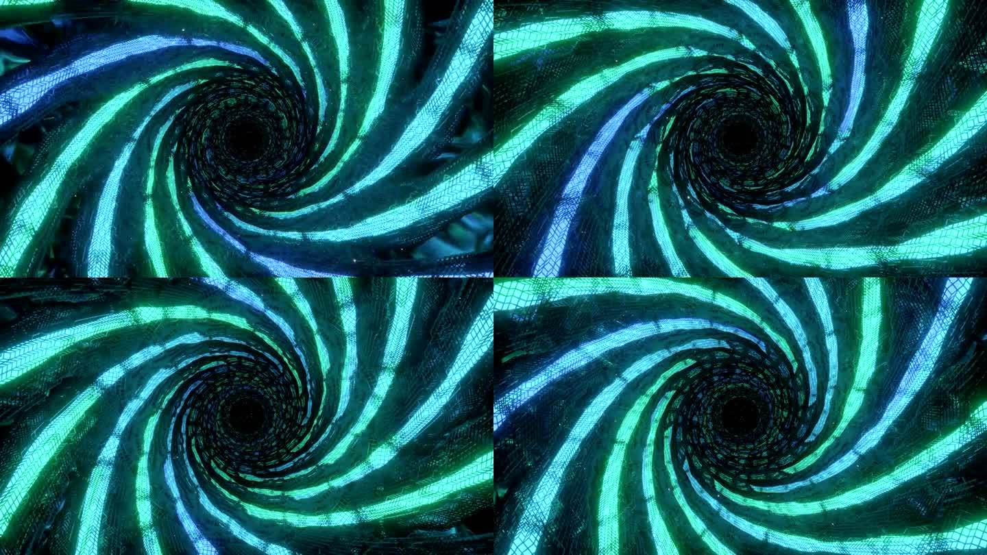 一个蓝绿相间的漩涡隧道。设计。构成万花筒图案的光线在抽象中高速旋转。高品质4k画面