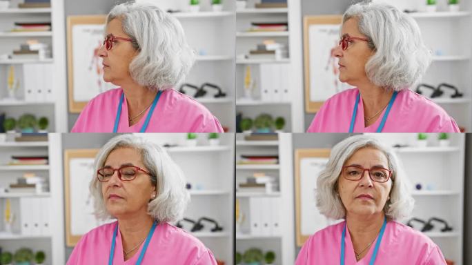 一位身穿粉色磨砂服、戴着眼镜、面带微笑的中年妇女站在诊所里，给人一种专业医疗的感觉。