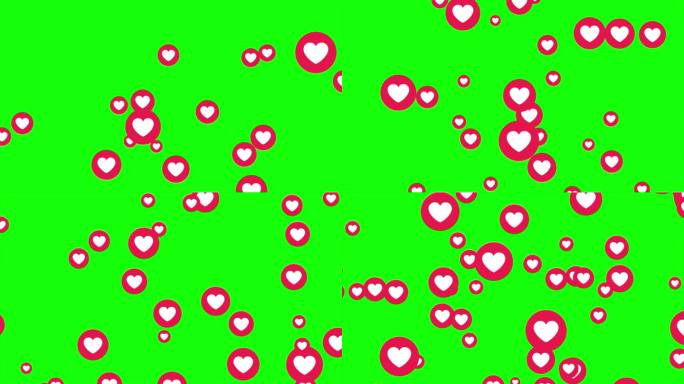 心形像标志在4K视频格式。社交媒体表情符号喜欢按钮，爱，反应情感图标动画。绿色屏幕上的社交媒体图标动
