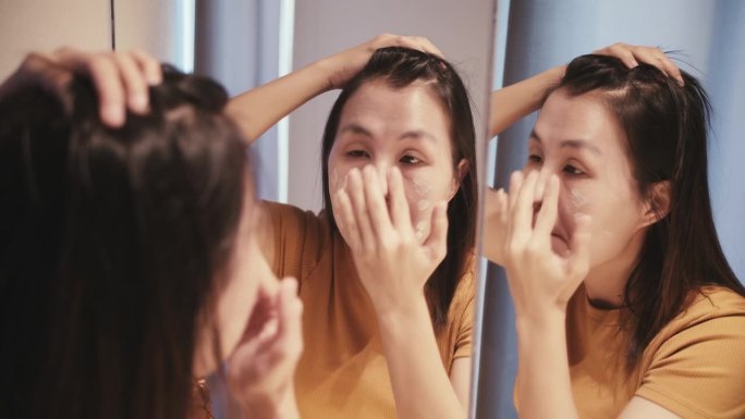 迷人的亚洲女性呵护肌肤温柔护理-美容和健康例行程序。