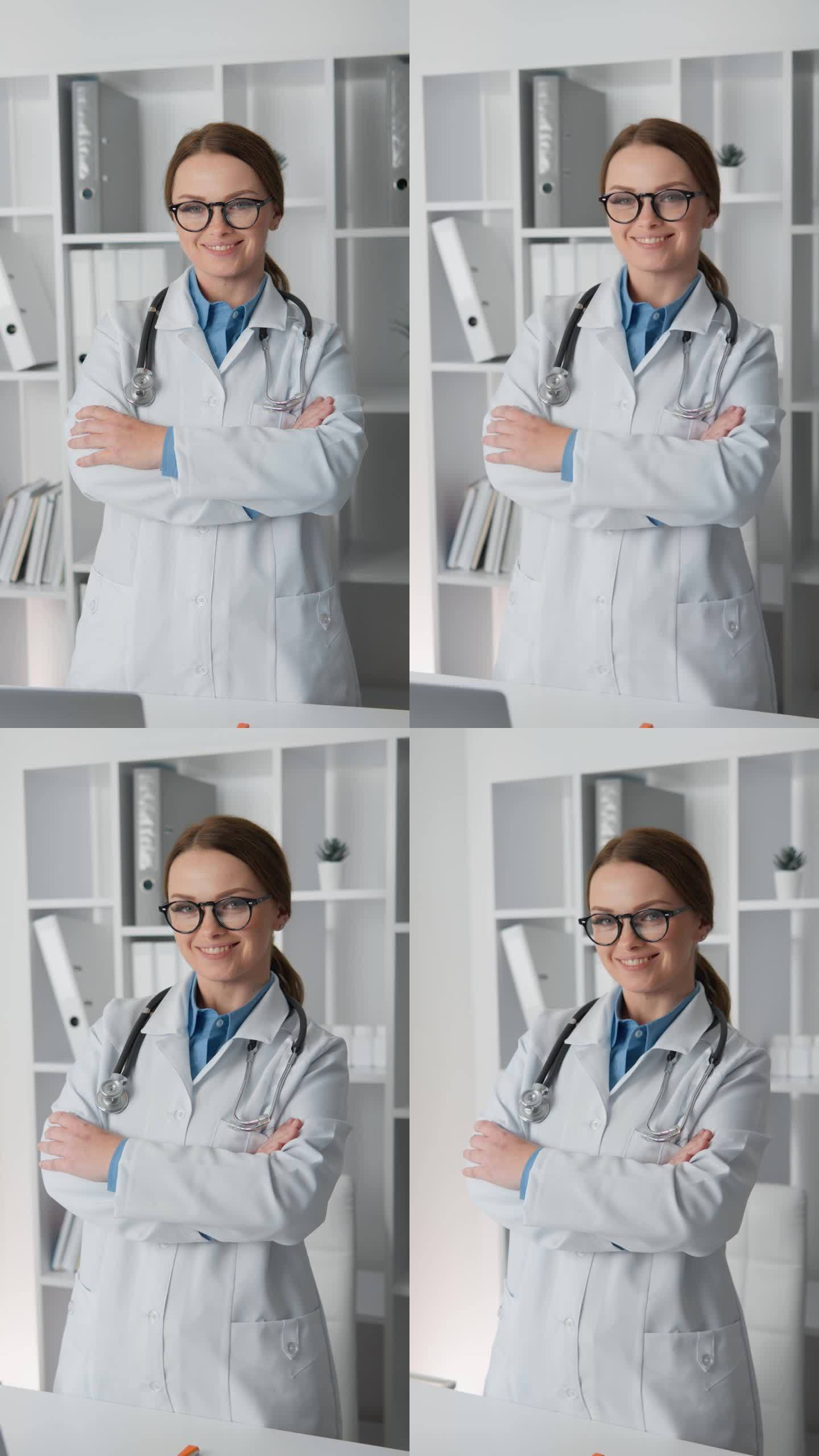 在这个垂直视频中，一位医生在她的办公室里自信地对着镜头摆姿势，展示了专业的优雅和自信。她的姿势反映了