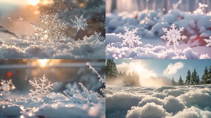 冬天雪花雪景下雪天冰晶雪花特写空镜头唯美