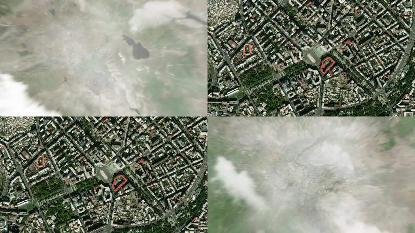 地球从太空放大到亚美尼亚埃里温共和国广场。接着是通过云层和大气层进入太空。卫星的视图。旅游介绍