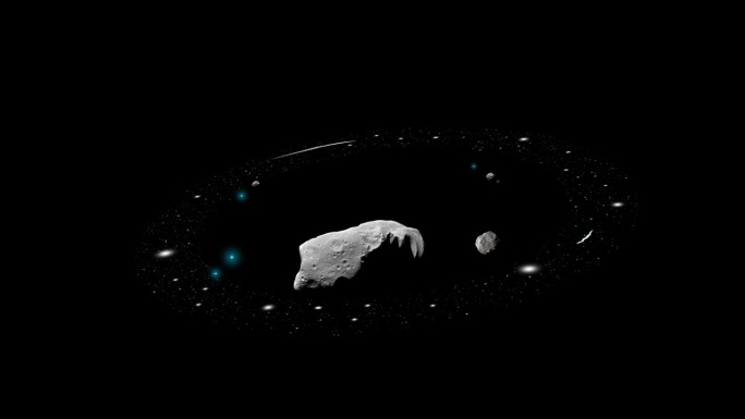 旋转的恒星环和飞行的小行星，孤立在黑色背景上。4K慢动作3D循环动画。