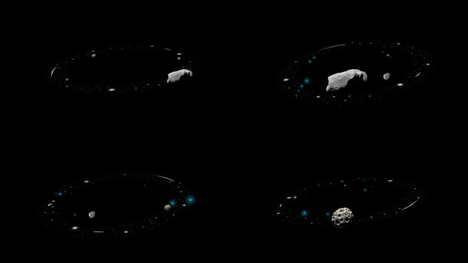 旋转的恒星环和飞行的小行星，孤立在黑色背景上。4K慢动作3D循环动画。