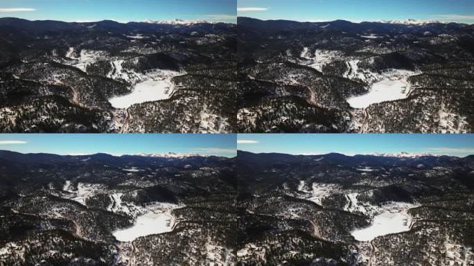 独特的高海拔令人难以置信的风景常青科罗拉多空中无人机埃文斯山蓝天三姐妹湖房子高尔夫球场高中冬天阳光明