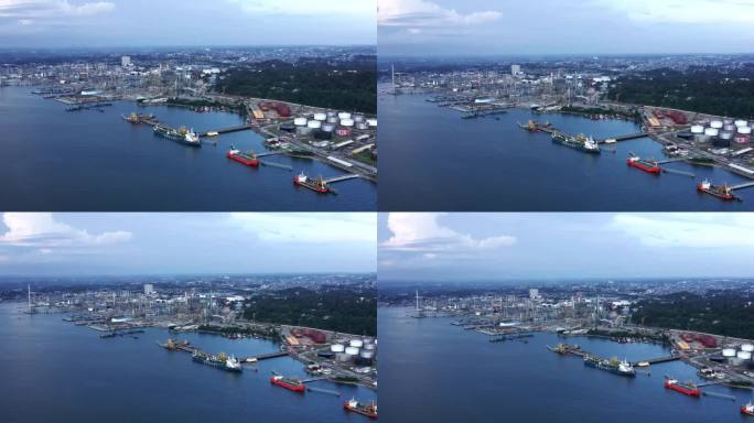 印尼东加里曼丹巴里巴班港停靠的油轮和Pertamina炼油厂鸟瞰图