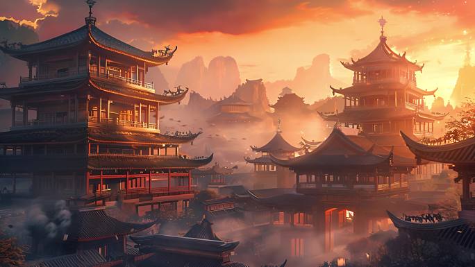 唐代建筑 夕阳