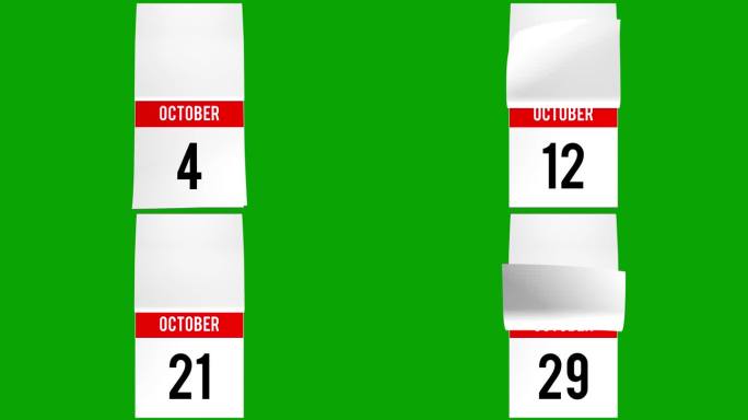 十月每日日历与动画翻页和白页在最后写你的信息。日历翻页，翻页书3D动画在绿色屏幕上。