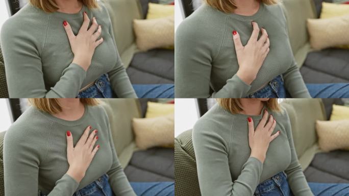 金发短发，红指甲的年轻女子坐在室内的沙发上，抚摸着自己的胸膛。