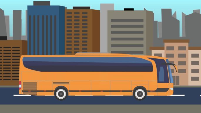 乘坐公交车在城市的方式，二维平面动画，无缝循环