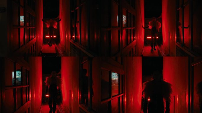 一个人的剪影在黑暗的走廊与不祥的红色照明，创造一个悬疑的气氛。