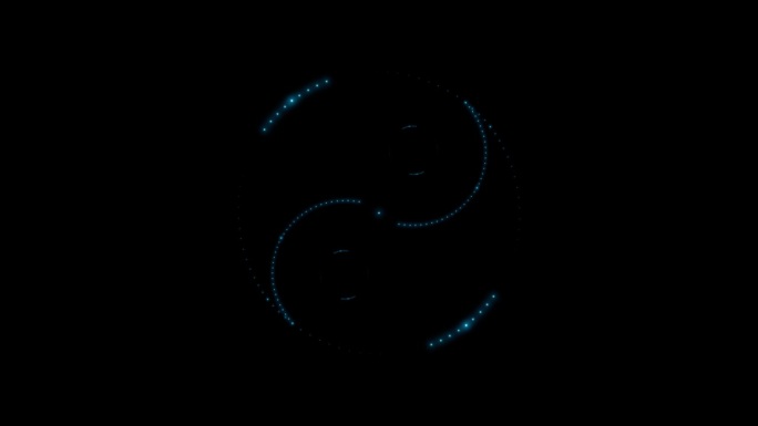阴阳符号，孤立在黑色的背景上，旋转着，从许多闪烁着蓝色光芒的霓虹灯点中平滑地显现出来。4k循环视频动