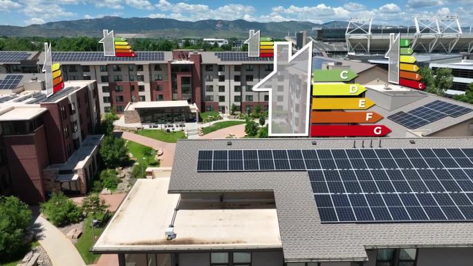 现代大学宿舍，太阳能电池板和能效评级动画，绿色庭院，山的背景。显示EPC A、B和C级房屋建筑的特效