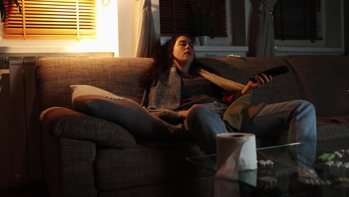 流感和发烧。生病的年轻白人妇女坐在沙发上盖着毯子看电视。晚上回家。抑郁症和健康问题的概念