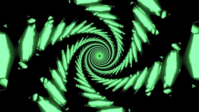 黑暗的圆形隧道向远处移动，抽象的几何背景。设计。抽象的绿光，长长的隧道