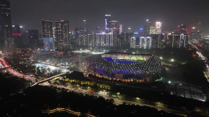 深圳湾体育中心体育场夜晚夜景航拍春茧体育