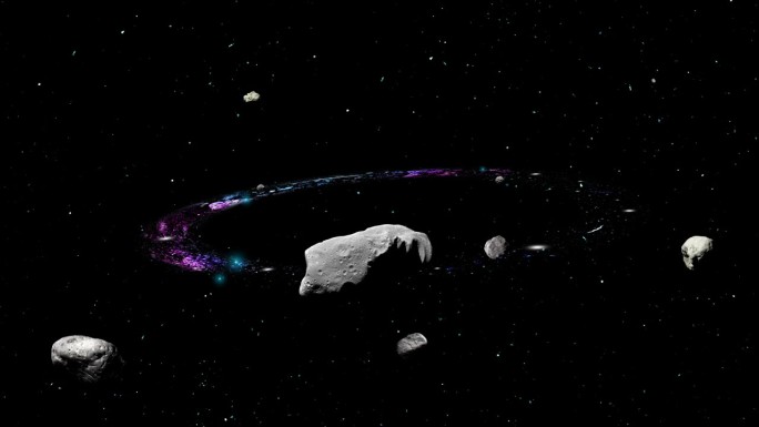 在星空的背景下，一圈恒星和飞行的小行星在太空中旋转。一个美丽的旋转环状星云与纹理。4K慢动作3D循环