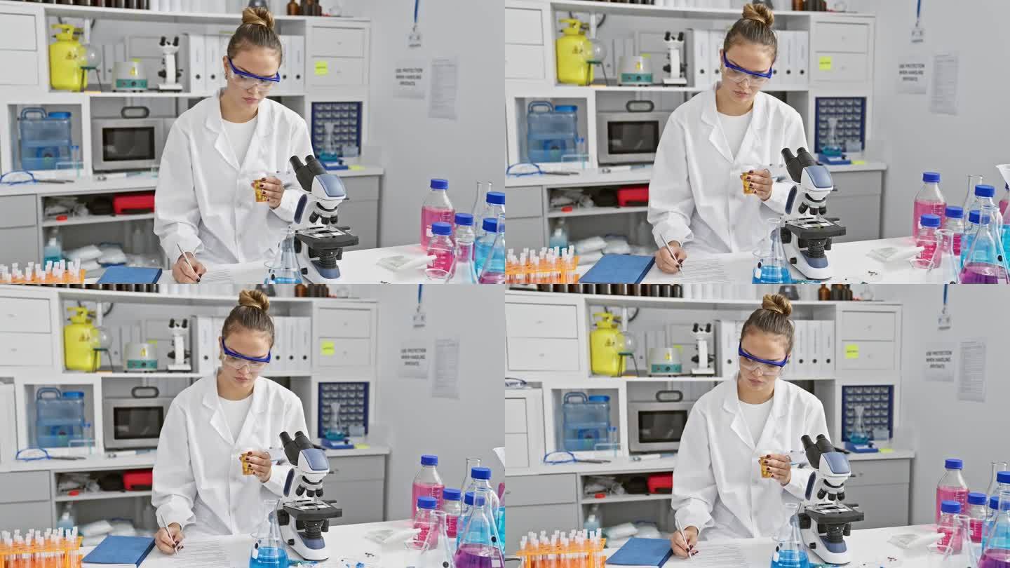 在研究的核心，迷人的，年轻的西班牙裔女科学家，分析瓶子里的药丸，尽职尽责地在她繁华的实验室里记录笔记