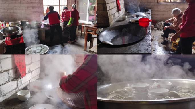 家庭厨房餐具洗涤蒸汽消毒农村柴火灶实拍