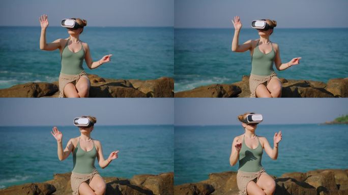 女人坐在岩石上，在海岸线上探索虚拟现实。与VR界面交互，手势在阳光下的场景。体验融合了科技和海上自然