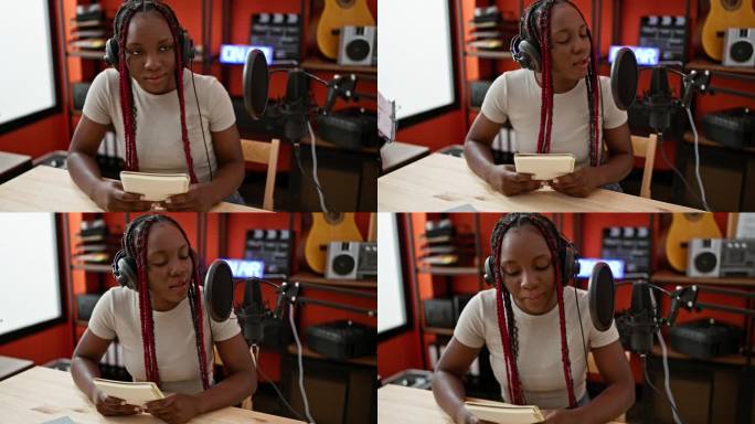 美丽的非裔美国女音乐家沉浸在歌曲中，在音乐工作室的声音幸福中阅读笔记本上的歌词
