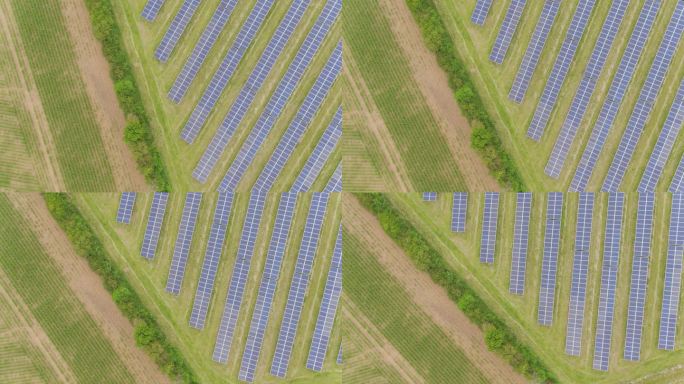 对比和抽象的农田和太阳能技术基地在邻近的田地