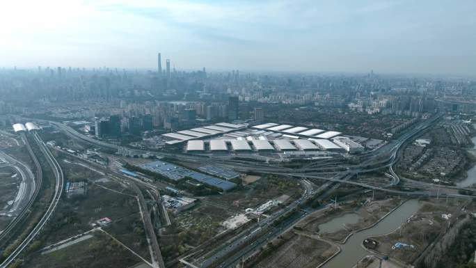 航拍延时上海新国际博览中心
