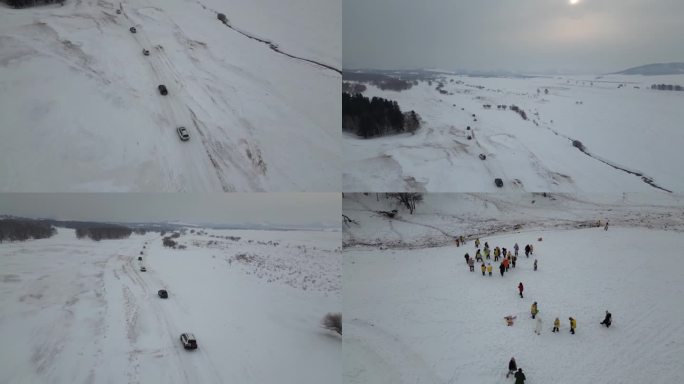 冬季航拍越野车队穿过白雪覆盖的草原