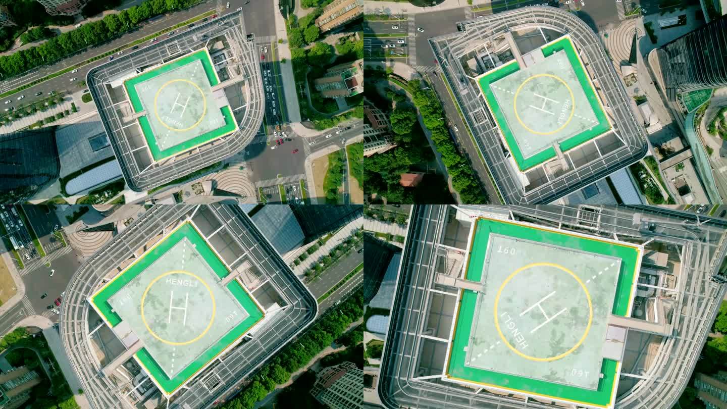 2020年9月5日，中国苏州:现代摩天大楼屋顶上的直升机停机坪。市区摩天大楼屋顶上直升机停机坪的无人