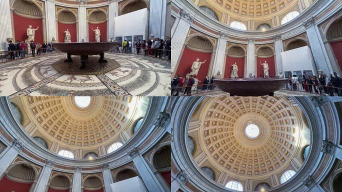 梵蒂冈城梵蒂冈博物馆圆形厅内雕像、大力神雕像和圆形单片斑岩盆附近的游客全景图