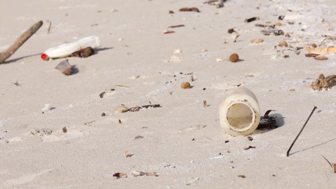 塑料垃圾散落在沙滩上，突显了环境污染
