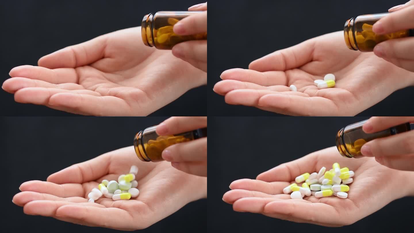 从瓶中倒出药片到手掌中，服用药物和营养补充剂。治头痛的药。吃药片