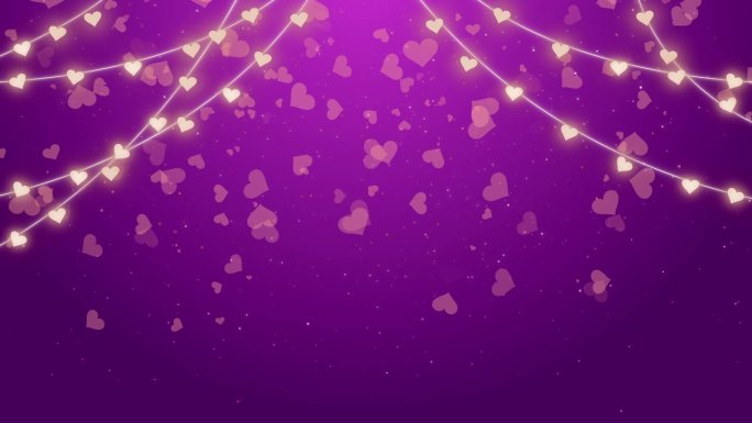 花环与黄色灯心在紫色的背景与复制空间。情人节的节日横幅。发光的照明花环与下降的心。循环。