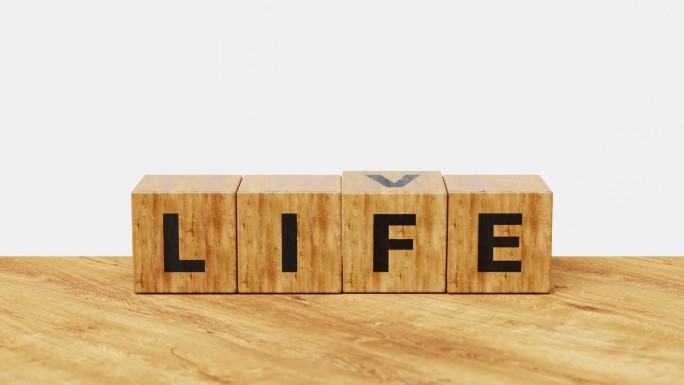 生活，体验存在，新的决心，节食和健康的生活方式。木质立方体将单词变为生活。4k 3d动画