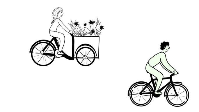 快乐的女孩骑着自行车带着鲜花，许多自行车的背景视频动画