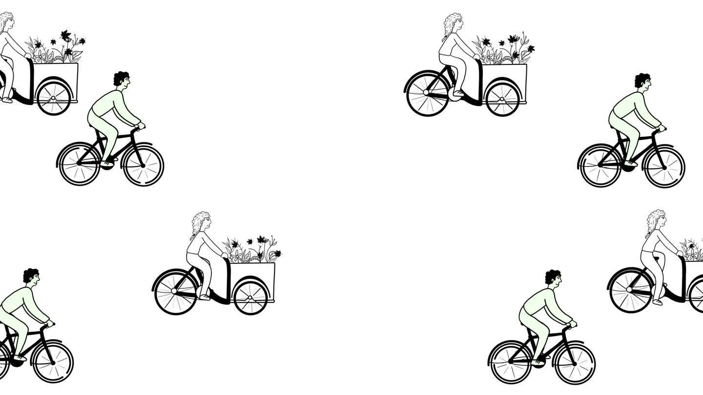 快乐的女孩骑着自行车带着鲜花，许多自行车的背景视频动画