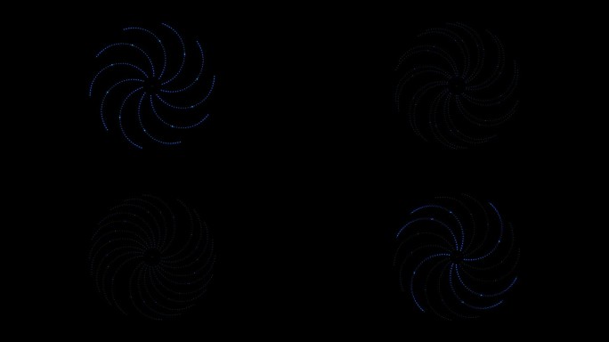 许多旋转的之字形，由闪烁发光的小霓虹灯点组成，孤立在黑色的背景上。神圣几何学。4k循环视频动画60 