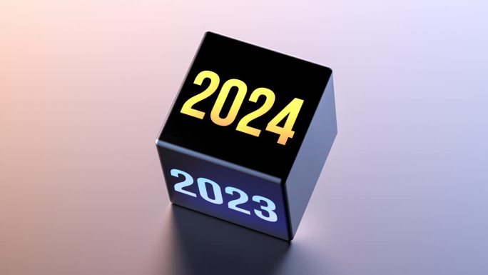 2023年立方体翻转到2024年。2024抽象动画，3D渲染。