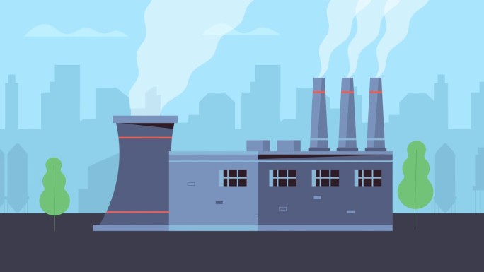工厂烟管动画。空气二氧化碳污染概念