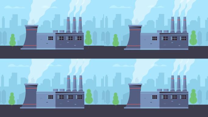工厂烟管动画。空气二氧化碳污染概念