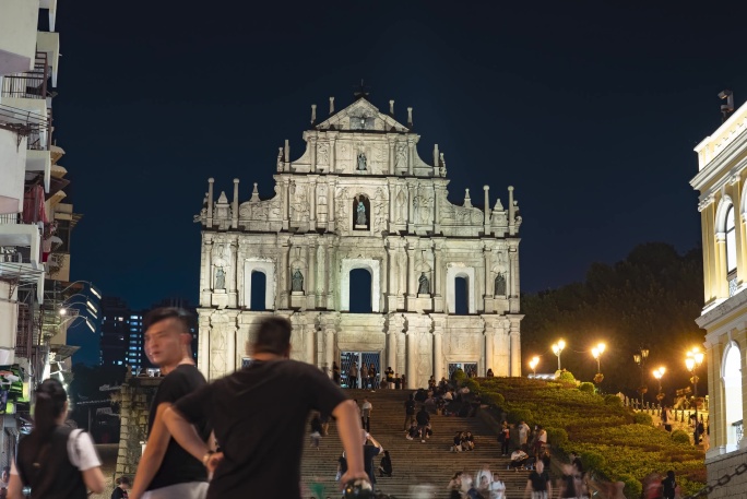 澳门大三巴牌坊夜景固定延时