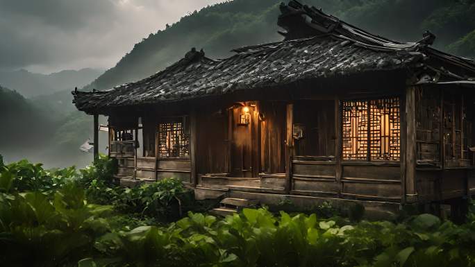 下雨天破旧木屋