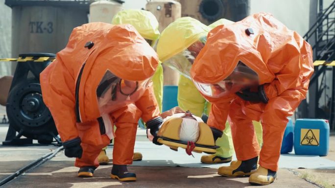 一组工人穿着防护装备，包括防毒面具和防护服，把躺在战地床上的病人从工厂化学物质泄漏的危险区域赶出去。