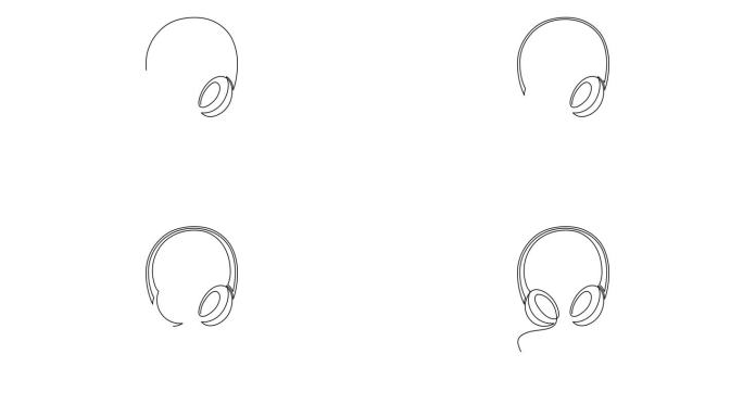 耳机与高音谱号和音符一行艺术动画，手绘设备小工具连续轮廓运动。听音乐无线在线概念，试听歌曲技术。4k