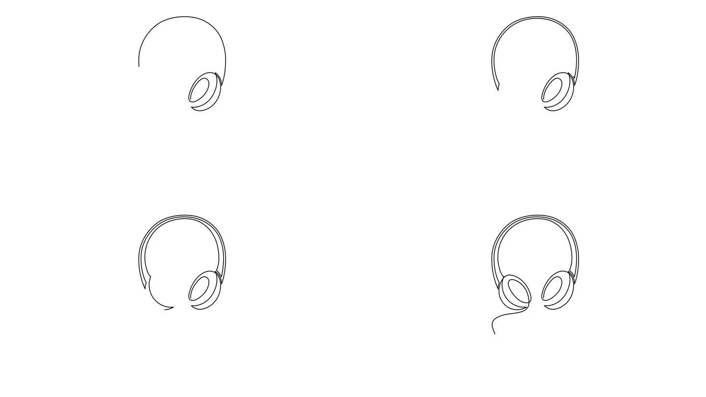 耳机与高音谱号和音符一行艺术动画，手绘设备小工具连续轮廓运动。听音乐无线在线概念，试听歌曲技术。4k