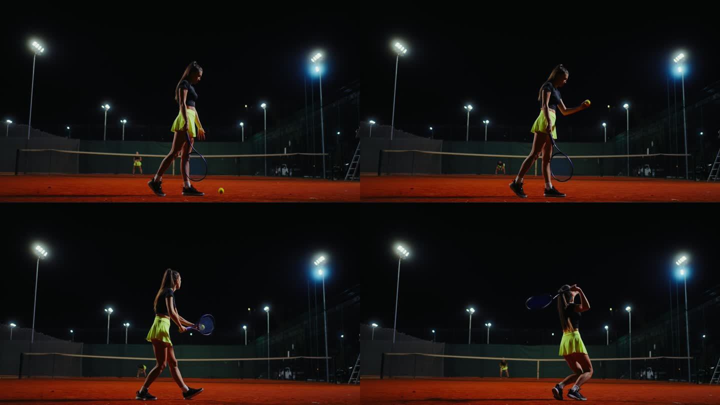 女子夏季傍晚在网球场上的训练，在运动场上的全程拍摄