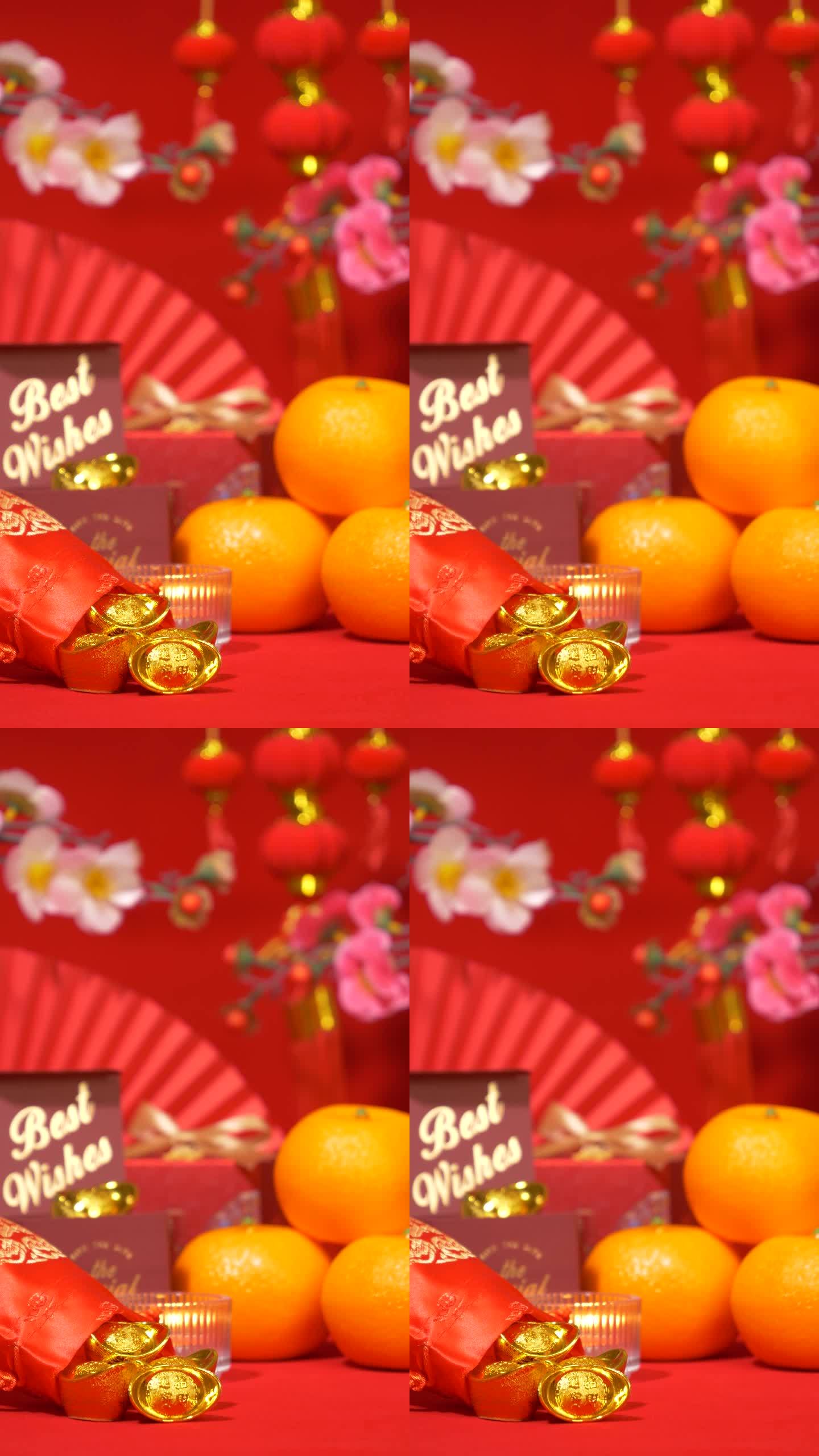 中国农历新年背景的环形垂直。中国古代金条，带文字祝福的红色礼盒，橘子，纸扇，梅花枝，蜡烛摇曳，红纸灯