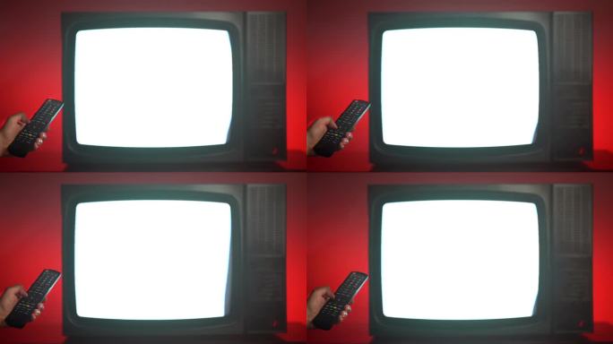 电视屏幕横条纹闪烁，干扰失真，红色背景的旧坏电视，用遥控器换台寻找更好的电视信号